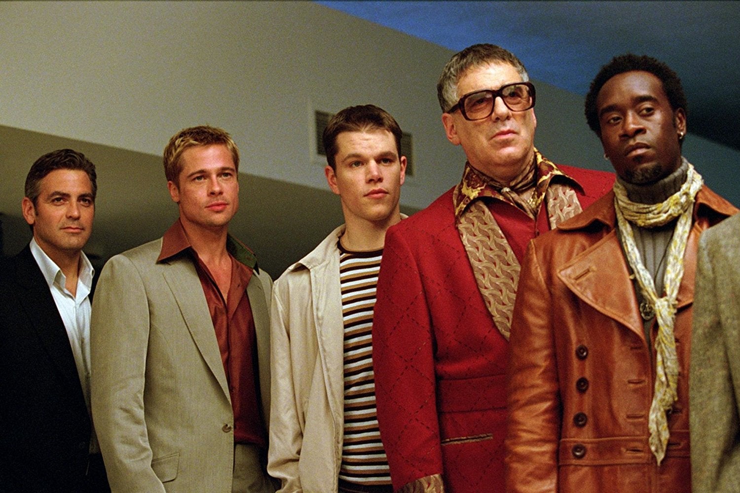 Brad Pitt, George Clooney, Don Cheadle, Matt Damon, Elliott Gould in Ocean's Eleven.