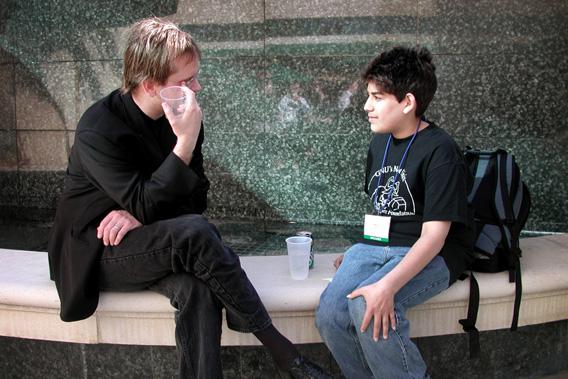 Lawrence Lessig and Aaron Swartz at the launch party for Creative Commons at O'Reilly's Emerging Technology Conference, 2001
