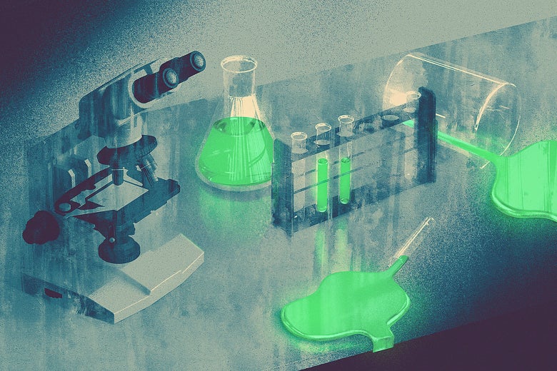 An illustration of a lab counter with test tubes and a microscope.