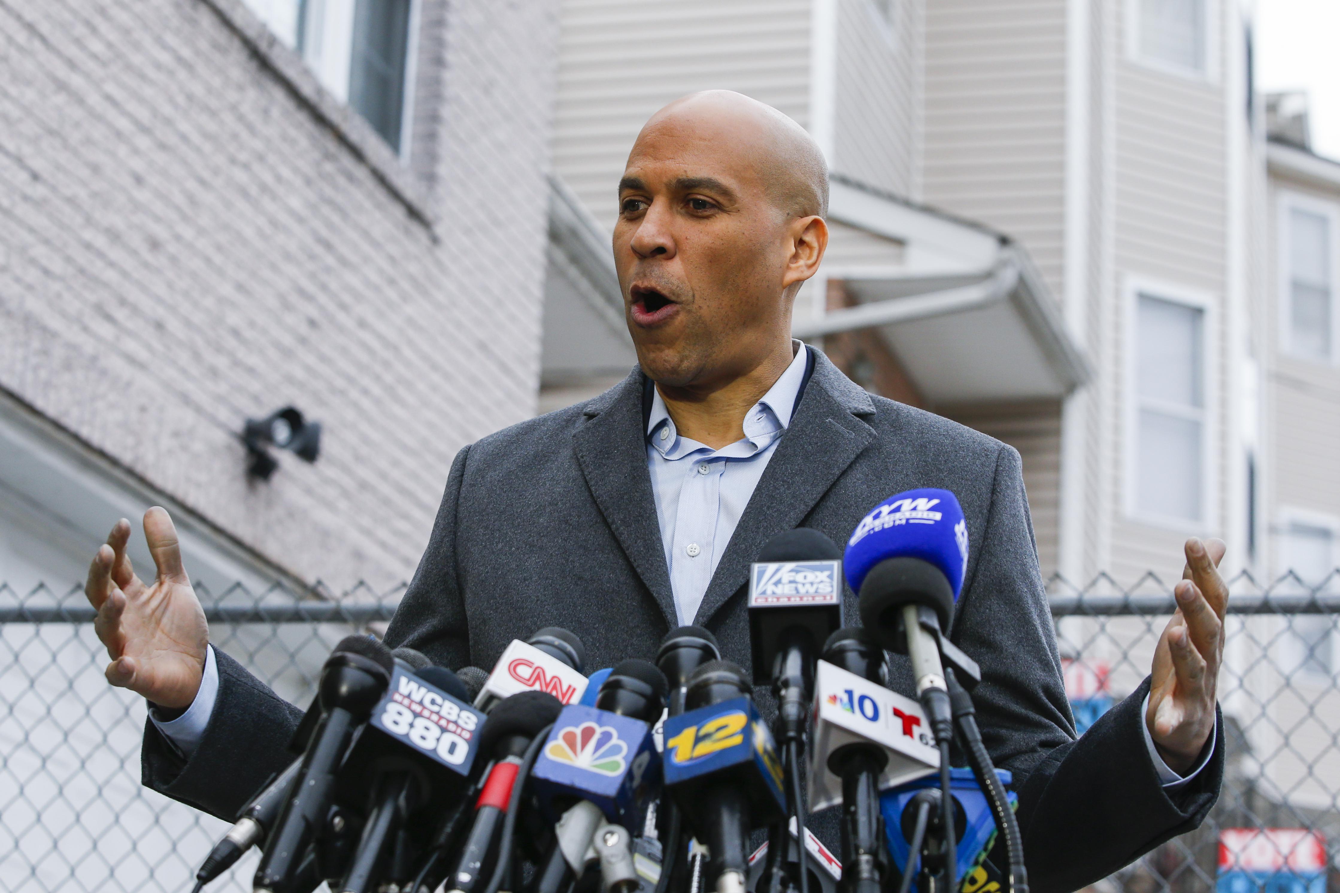 New Jersey Sen. Cory Booker announces his presidential bid during a press conference on Friday in Newark.