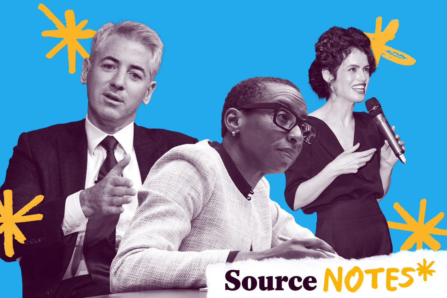 Bill Ackman, Claudine Gay, and Neri Oxman, with the logo for "Source Notes" in the bottom right-hand corner.