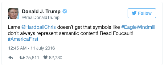 Lame @HardballChris doesn't get that symbols like #EagleWindmill don't always represent semantic content. Read Foucault! #AmericaFirst