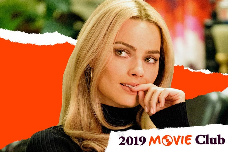 Margot Robbie as Sharon Tate, putting her finger up to her lips.