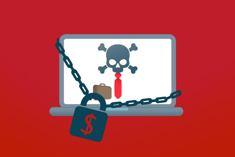 A padlock hangs over a laptop screen displaying a skull and crossbones with a red tie and briefcase