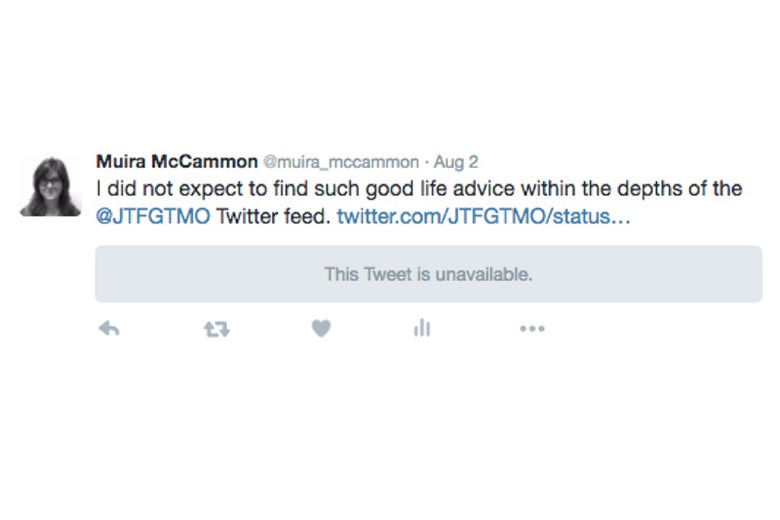 When the author began retweeting @JTFGTMO's aphorisms, they didn't stay up for long. Screenshot by author.