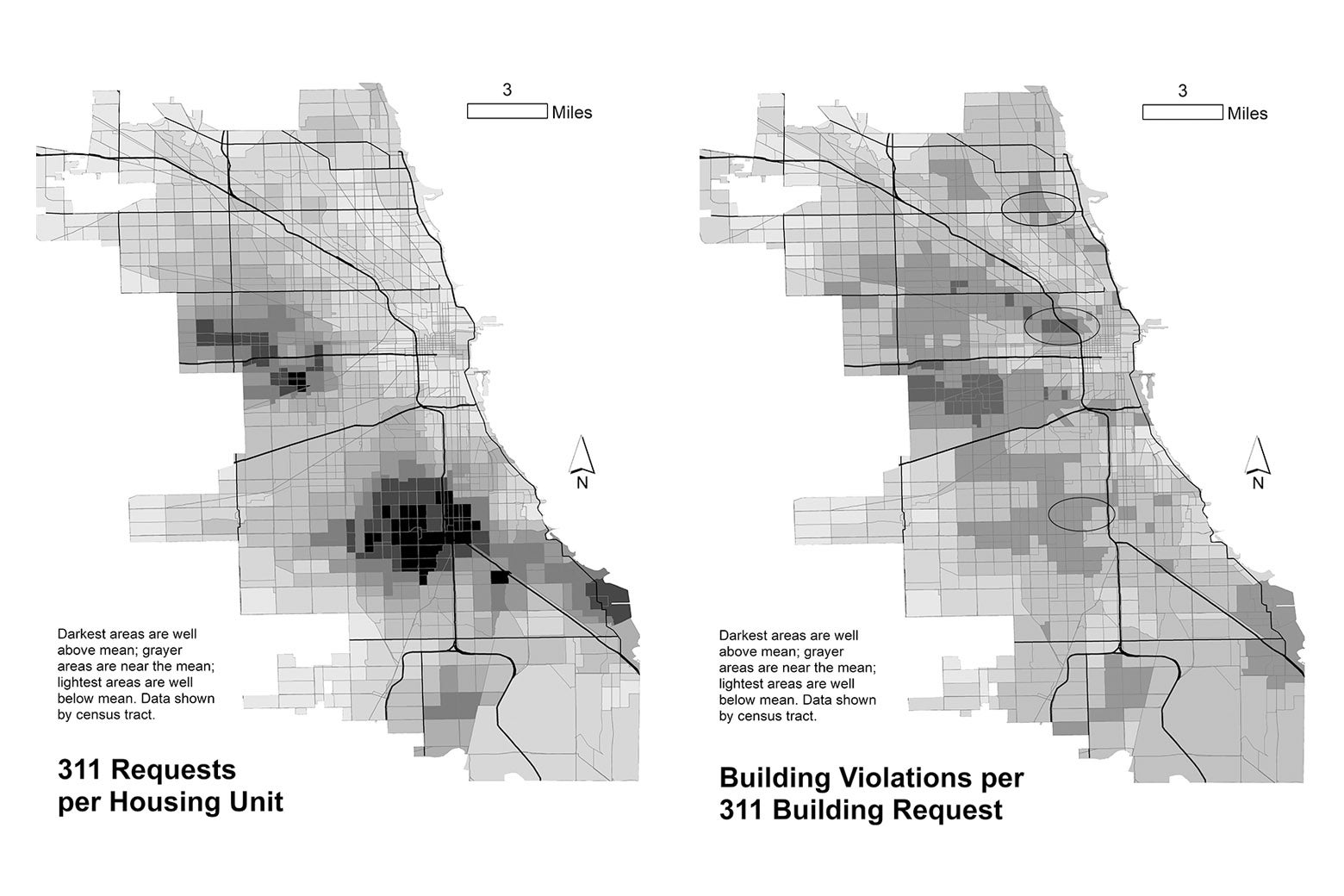 On the left, a map of where 311 requests are coming from in Chicago (far more in the South and West sides). On the right, a map of where violations based on those calls are reported (a more even distribution).
