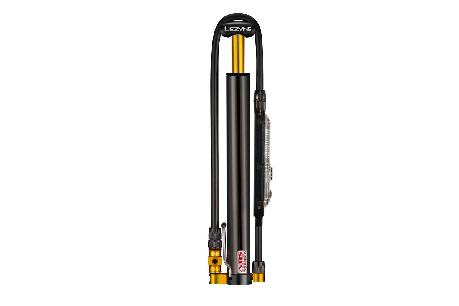 A black and gold bicycle tire pump.