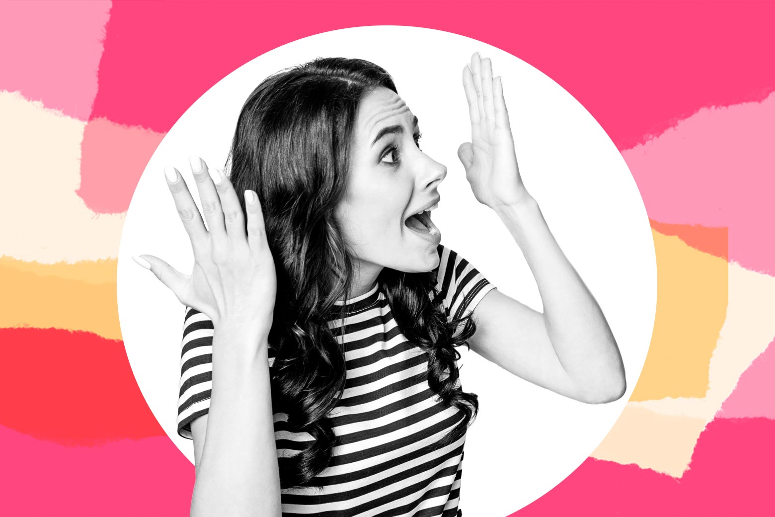 Woman throwing her hands in the air and yelling.