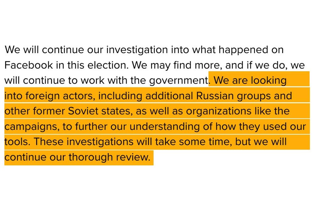 Zuckerberg quote about investigating the influence of foreign organizations online.