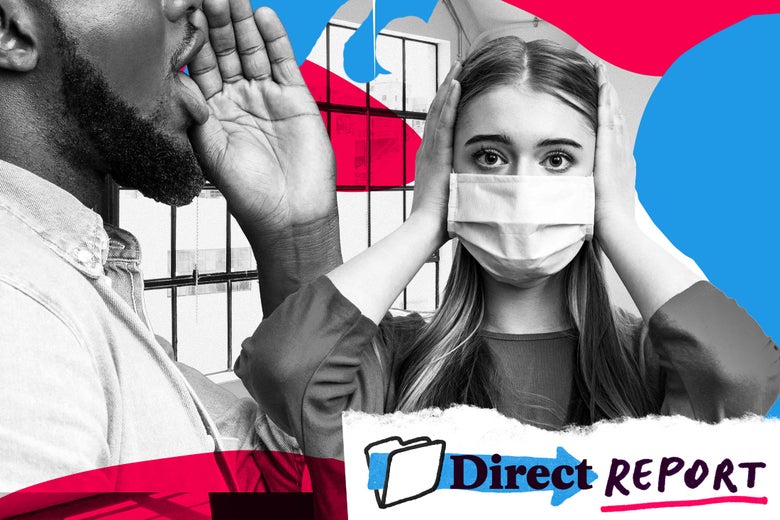 Collage of a masked woman covering her ears while a male co-worker talks in her ear.