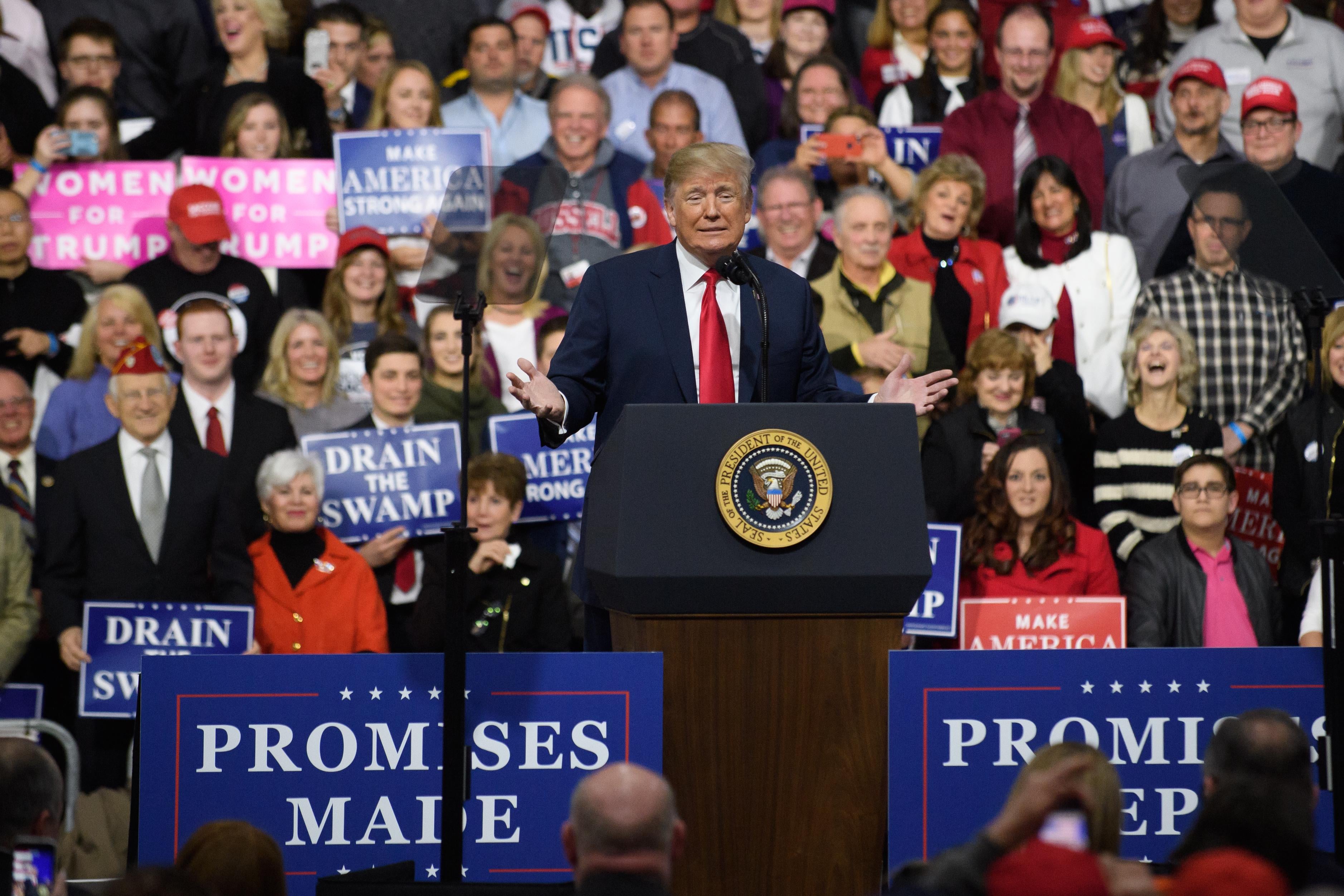 President Donald J. Trump  speaks to supporters at the Atlantic Aviation Hanger on March 10, 2018 in Moon Township, Pennsylvania.  