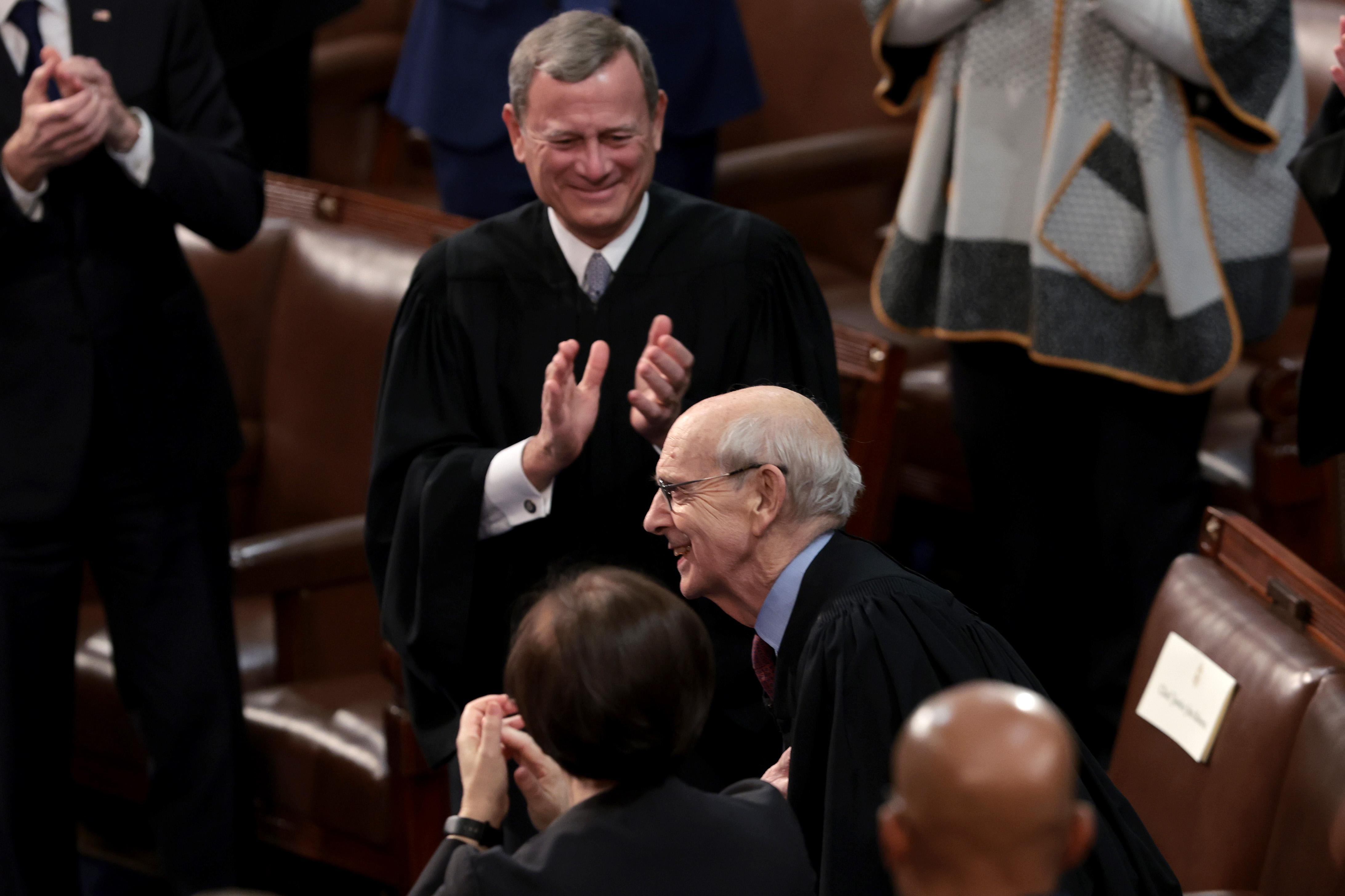 U.S. Supreme Court Associate Justice Stephen Breyer (C) receives applause after being recognized by President Joe Biden during the State of the Union address during a joint session of Congress in the U.S. Capitol's House Chamber March 01, 2022 in Washington, DC. 
