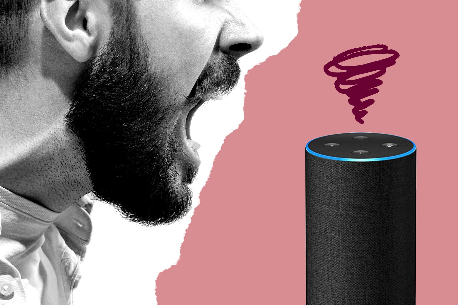 Photo illustration: a man speaking harshly to an Amazon Echo.