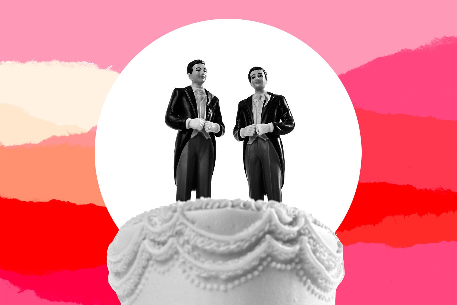 A wedding cake topper of two men in tuxedos.