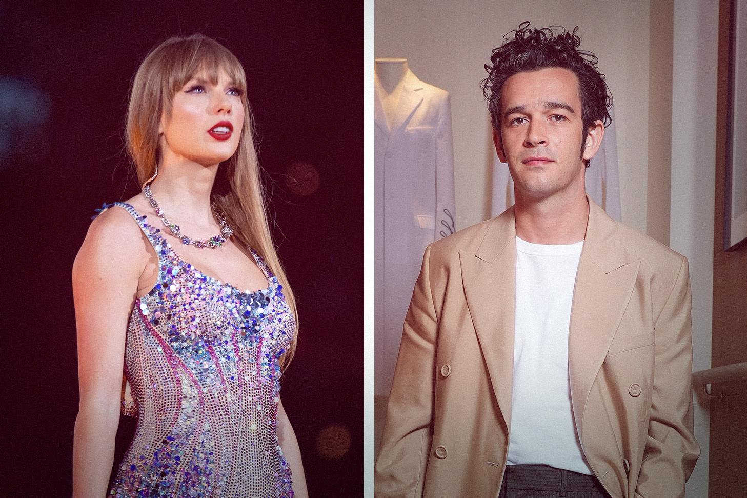 Taylor Swift and Matty Healy, in a split screen.