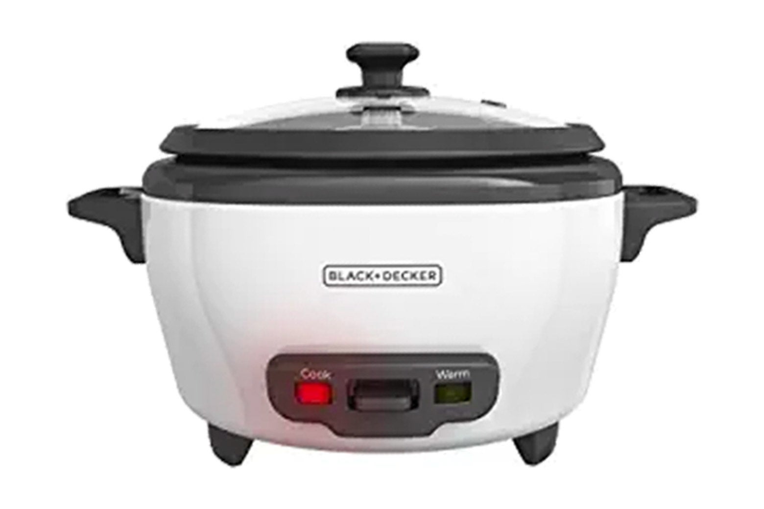 The white-and-gray Black and Decker rice cooker.