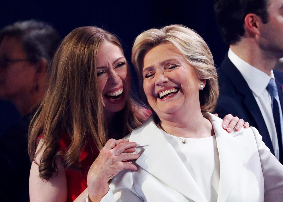 Democratic presidential candidate Hillary Clinton and her daughter Chelsea Clinton embrace at the end on the fourth day of the Democratic National Convention at the Wells Fargo Center, July 28, 2016 in Philadelphia, Pennsylvania. 