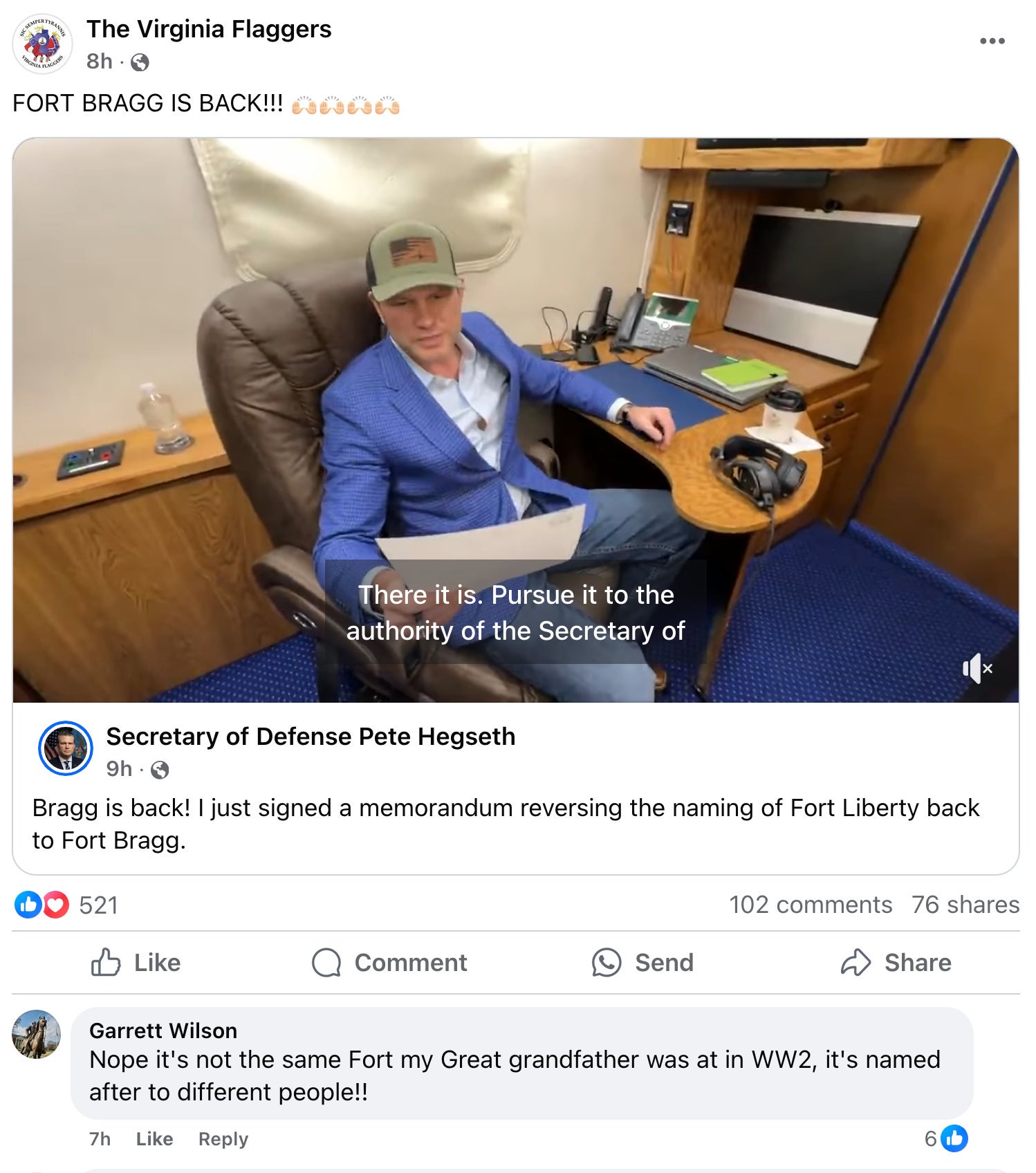 A Facebook post by Hegseth announcing this renaming, with a comment below from a user that reads: "Nope it's not the same Fort my great-grandfather was at in WW2, it's named after two different people!"