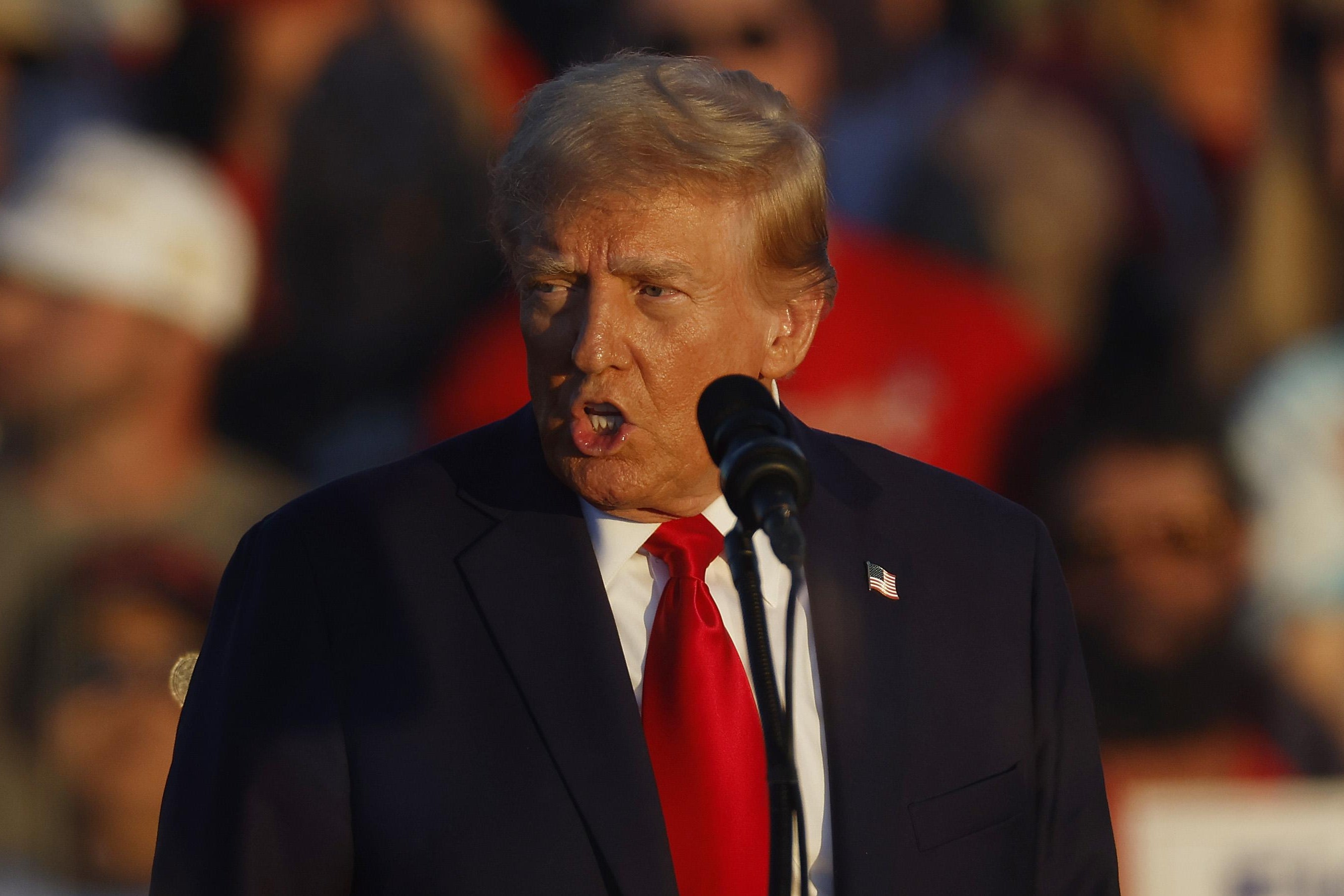 Donald Trump speaks into a microphone at a rally.