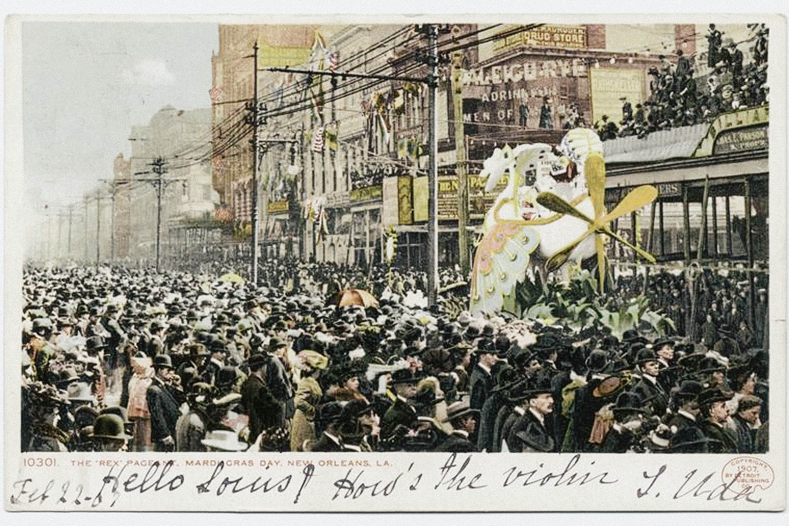 A postcard painting of a Mardi Gras parade