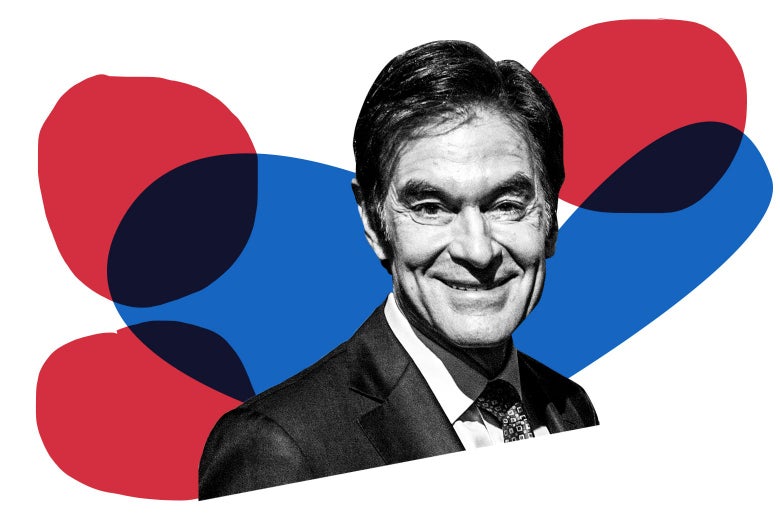 Dr. Oz's face, against a background of intersecting red and blue shapes