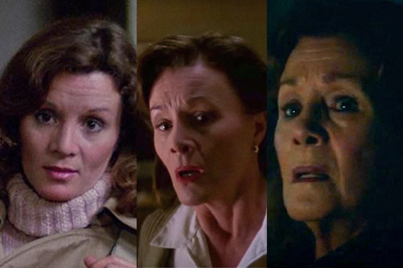 A triptych of three stills of Nancy Stephens as Nurse Marion. In each, she gets a little older, and a little more alarmed.