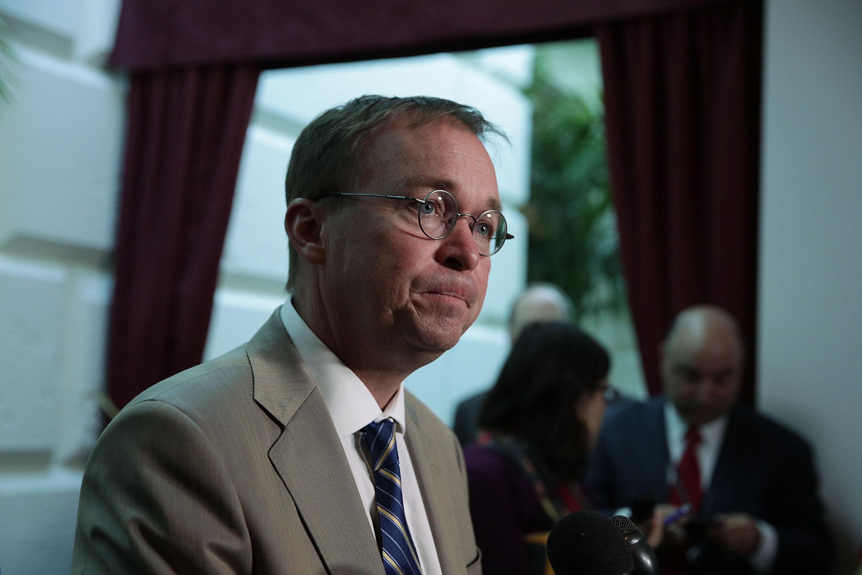 WASHINGTON, DC - SEPTEMBER 08:  White House Budget Director Mick Mulvaney speaks to members of the media after a House Republican Conference meeting September 8, 2017 at the Capitol in Washington, DC. Mulvaney was on the Hill to push for the Trump Administration's Hurricane Harvey relief and debt limit package.  (Photo by Alex Wong/Getty Images)