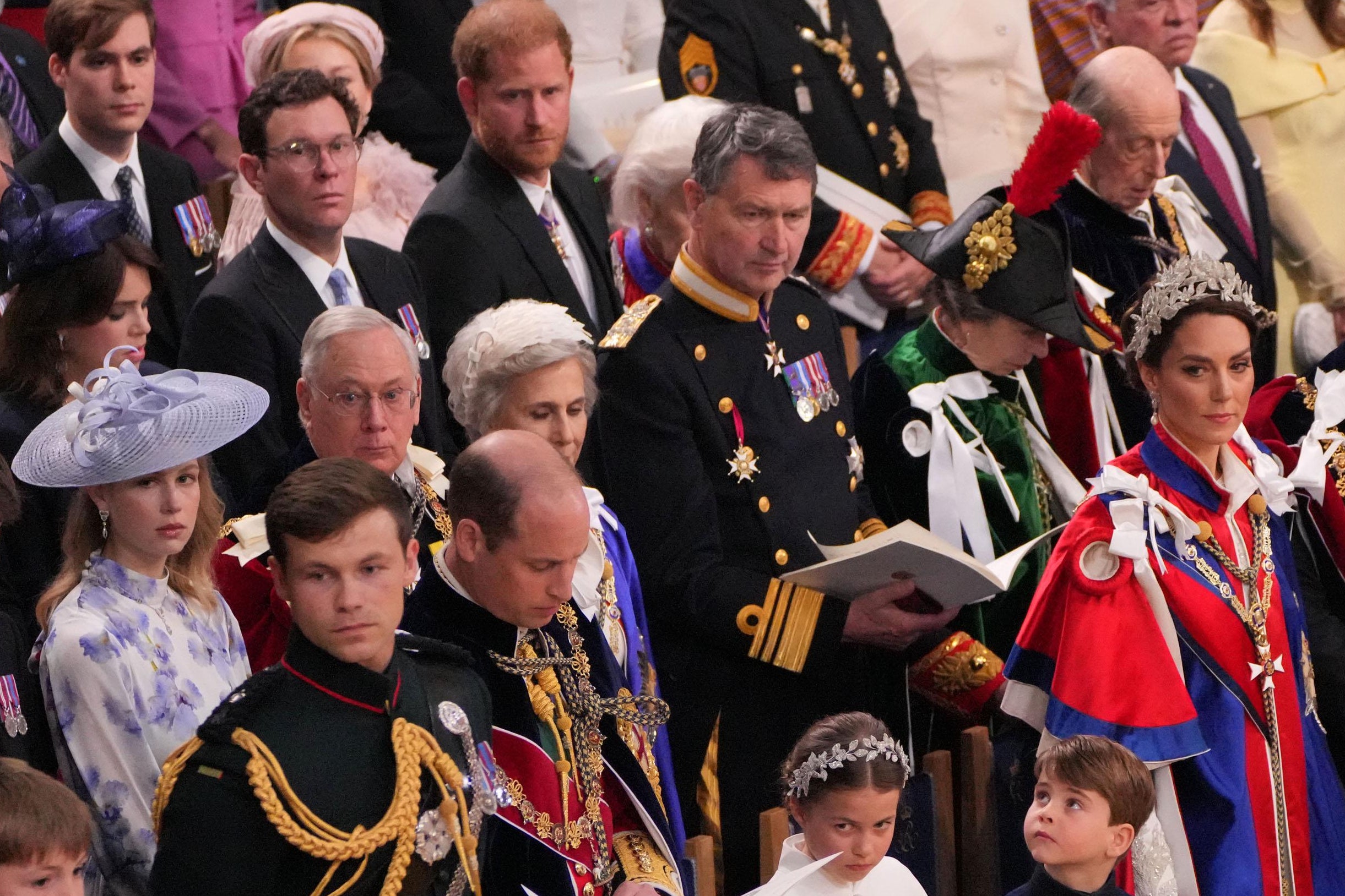 LONDON, ENGLAND - MAY 06: (Front row 3rd left to right) Prince William, Prince of Wales, Princess Charlotte, Prince Louis, Catherine, Princess of Wales, Prince Edward, the Duke of Edinburgh and Sophie, the Duchess of Edinburgh with Prince Harry, Duke of Sussex (3rd row 4th right) at the coronation ceremony of King Charles III and Queen Camilla in Westminster Abbey on May 6, 2023 in London, England. The Coronation of Charles III and his wife, Camilla, as King and Queen of the United Kingdom of Great Britain and Northern Ireland, and the other Commonwealth realms takes place at Westminster Abbey today. Charles acceded to the throne on 8 September 2022, upon the death of his mother, Elizabeth II. (Photo by Aaron Chown - WPA Pool/Getty Images)