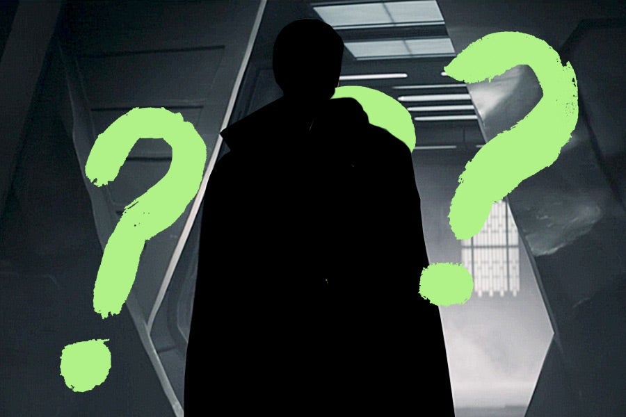 A black silhouetted figure stands in a doorway surrounded by crudely drawn question marks.