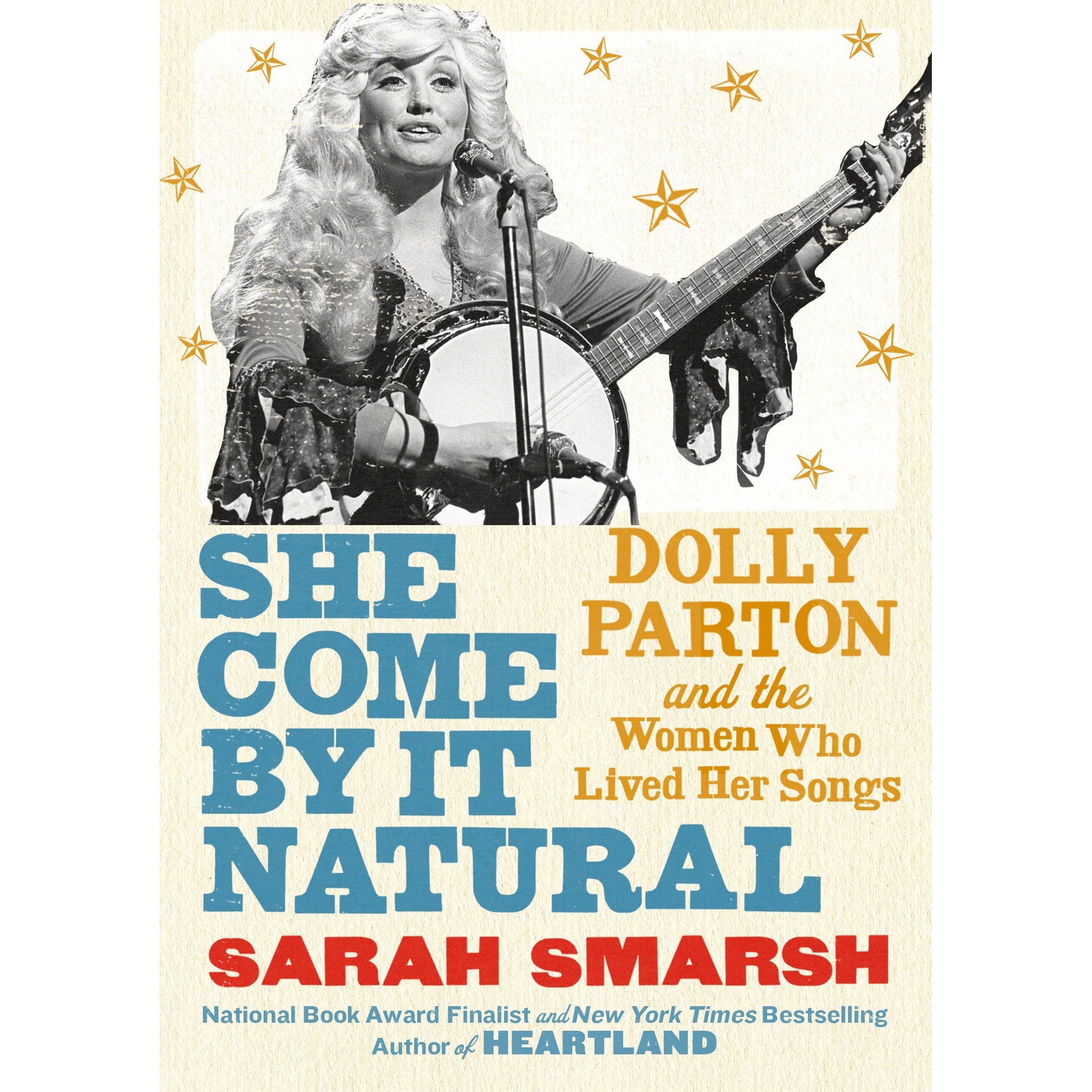 Book jacket showing Dolly playing banjo at a microphone surrounded by illustrated stars