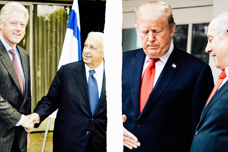 Bill Clinton with former Israel Prime Minister Ariel Sharon in 2000 and Donald Trump with Benjamin Netanyahu in 2019.