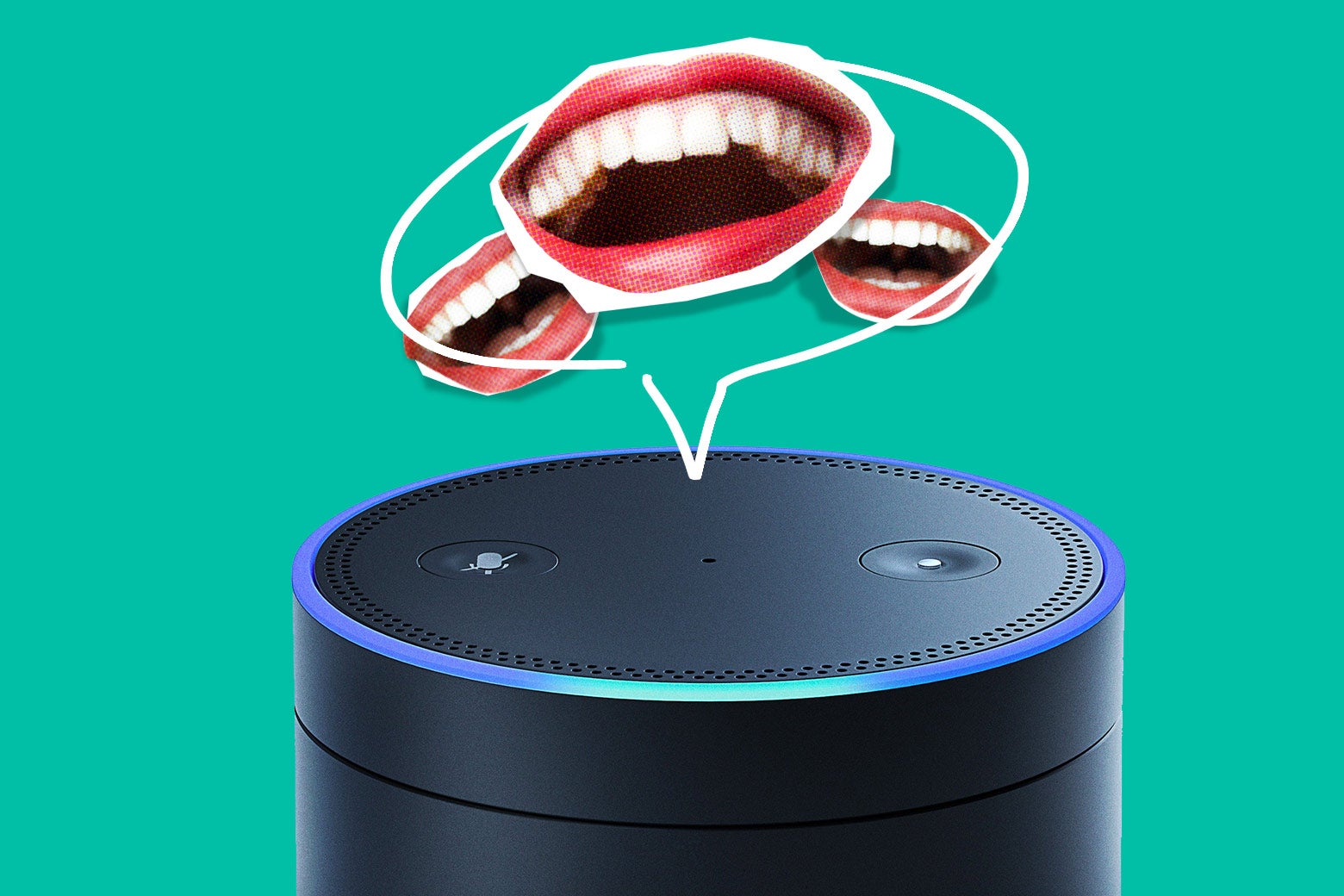 Photo illustration: an Amazon Echo device with a drawn-in speech bubble depicting laughter.