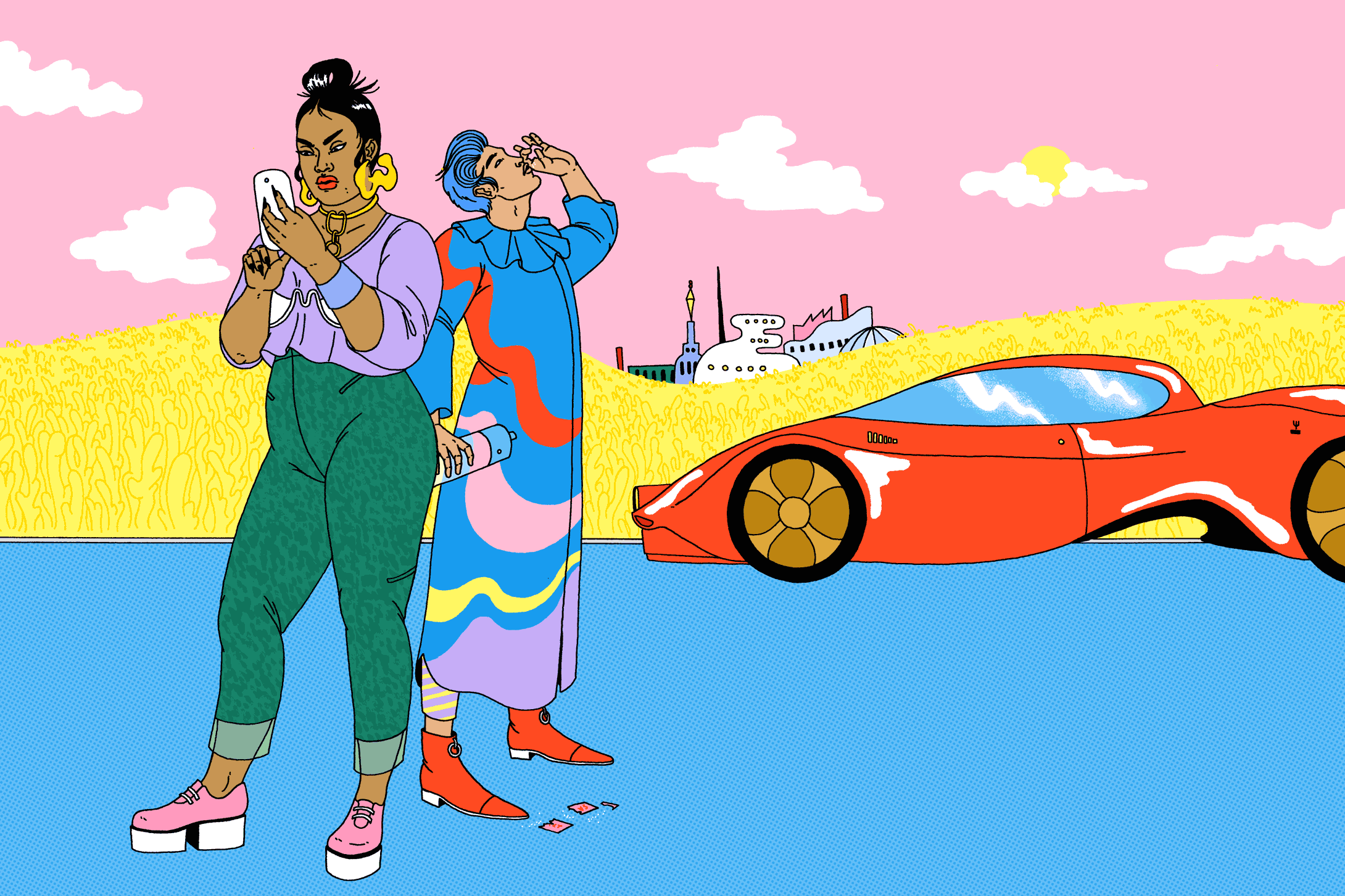 Mason and Samanthor stand by the side of the road, near the stranded Superlux car.