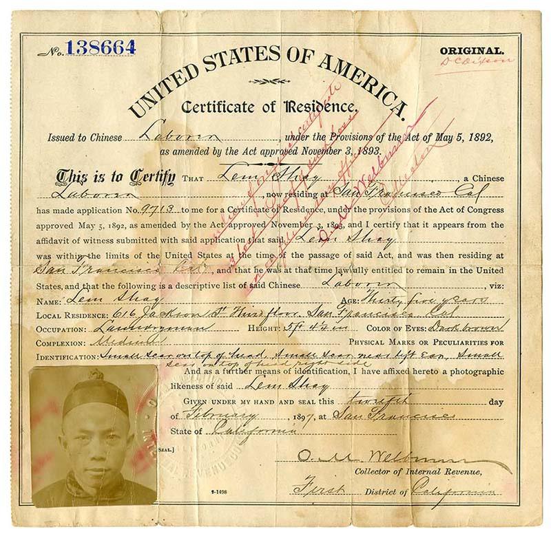 Certificate of residence for Lem Shay, laundryman, age 35 years, of San Francisco, California 1894  Feb. 12 [No. 138664]