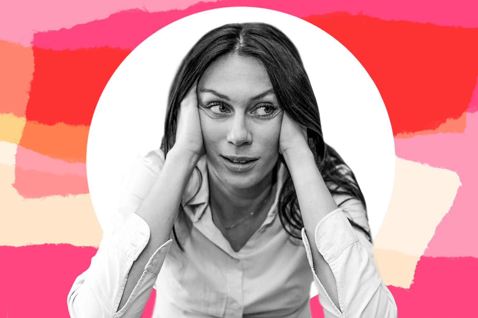 A woman with her hands on her head, looking exasperated.