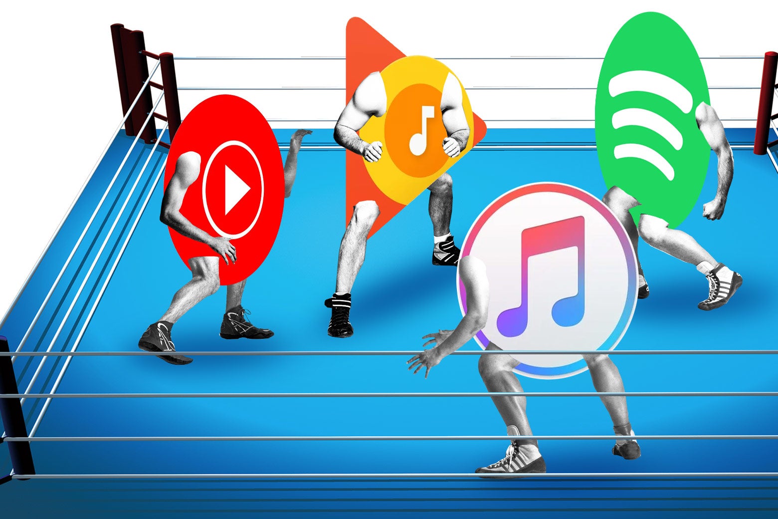 YouTube, Google Play, Spotify, and Apple logos wrestling.