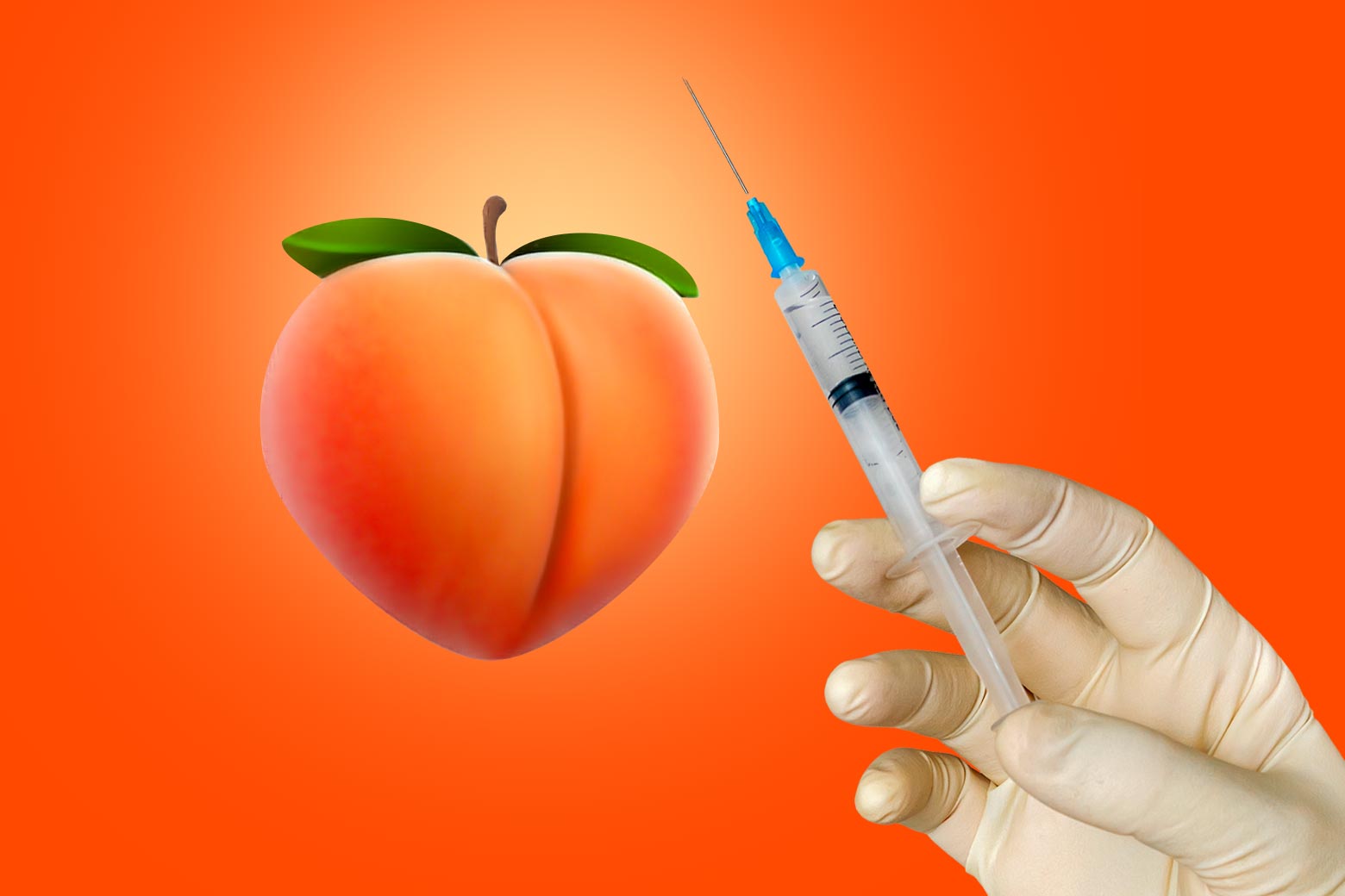 A rubber-gloved hand holds a syringe next to a peach emoji