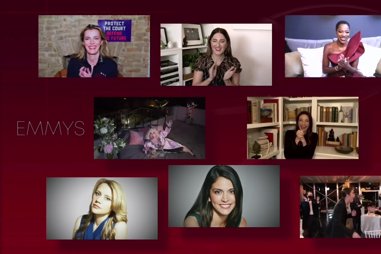 A still from the Emmys showing the Emmy nominees for Best Supporting Actress in a Comedy. One of them has a dog.