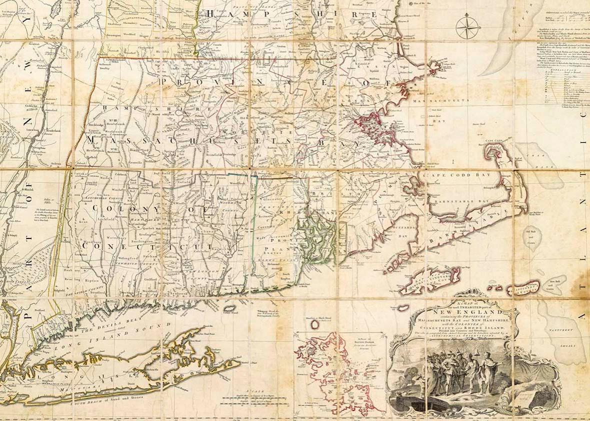 A Map of the most Inhabited part of New England, containing the Provinces of Massachusetts Bay and New Hampshire, with the Colonies of Conecticut and Rhode Island, Divided into Counties and Townships: The Whole composed from Actual Surveys and its Situation adjusted by Astronomical Observations.