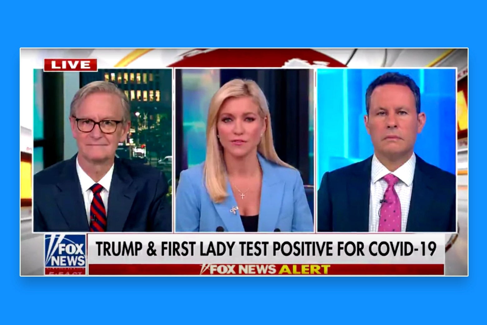 The hosts of Fox & Friends are seen. A chyron below reads: "Trump & First Lady Test Positive for COVID-19."