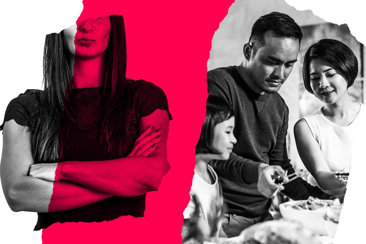 Woman with her arms crossed next to a family eating dinner.