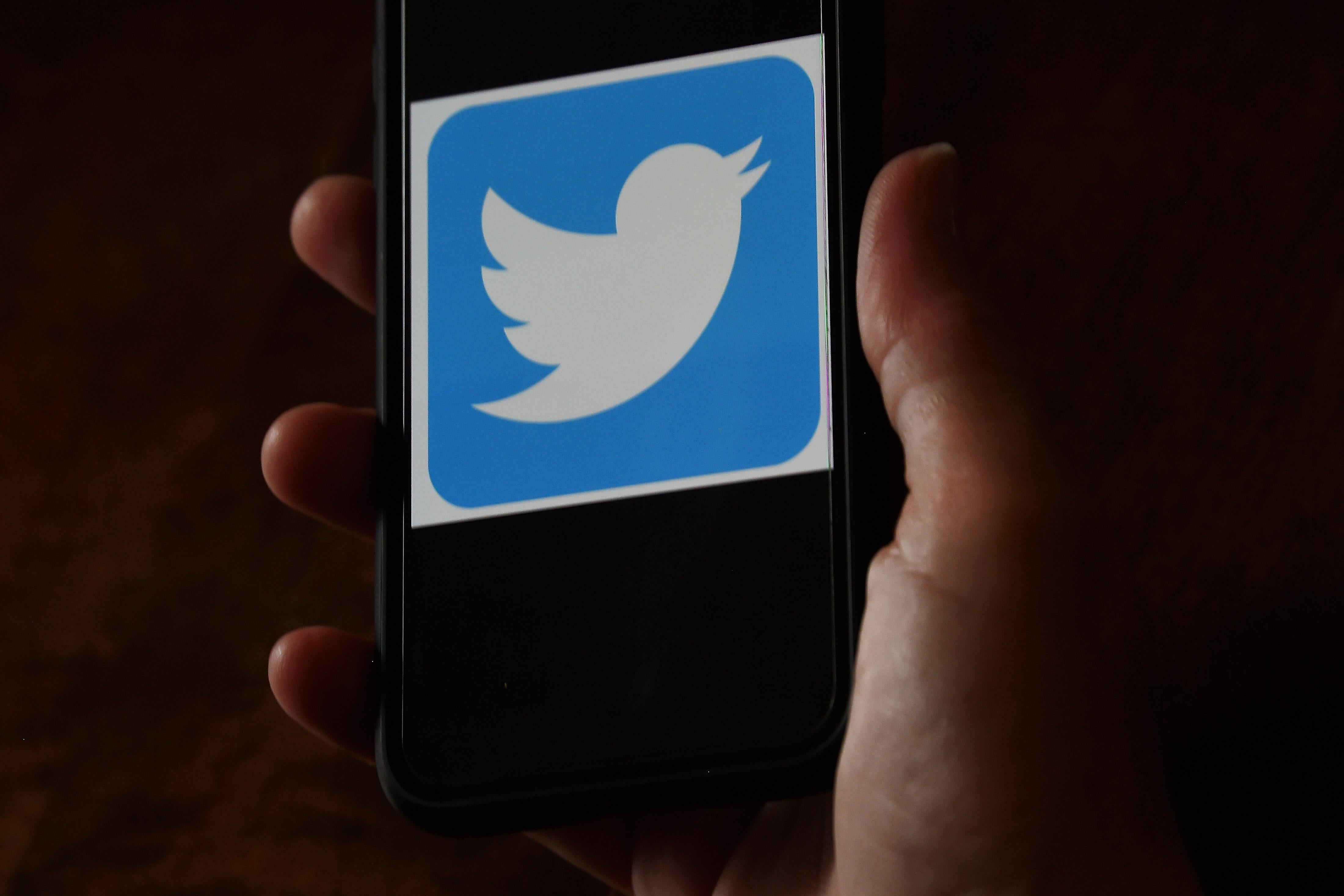  A Twitter logo is displayed on a mobile phone.