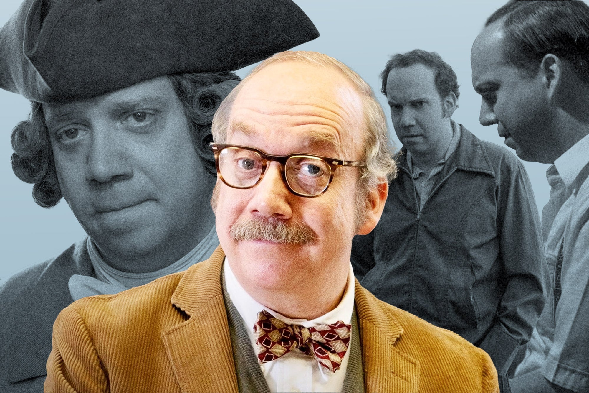 A collage of Paul Giamatti's characters centers him in The Holdovers, facing us and looking smug. 