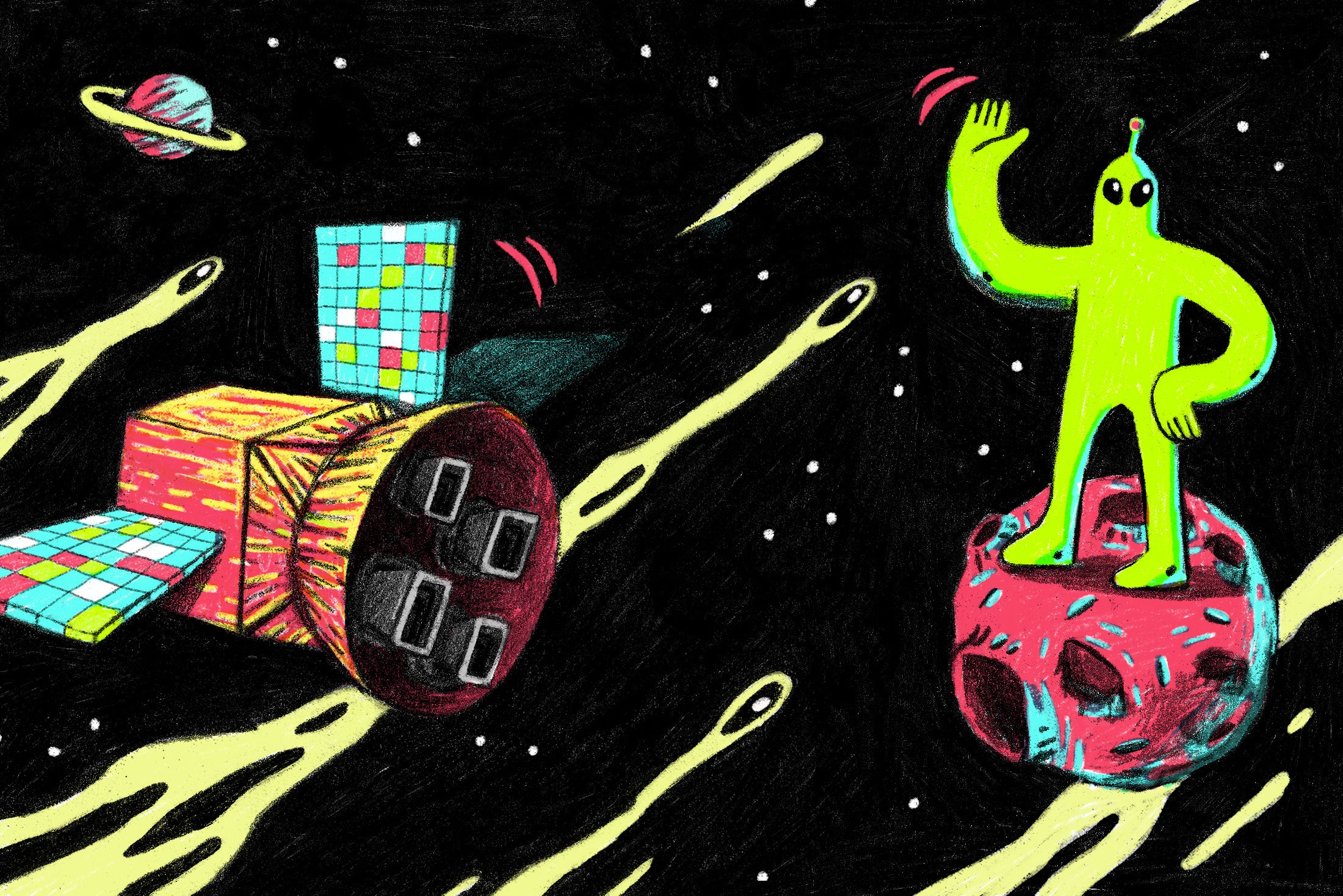 Illustration: An alien stands on an asteroid as a satellite passes by.