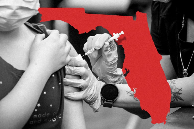 A black and white image of a child getting a vaccine with a red cut-out of the state of Florida over it. 