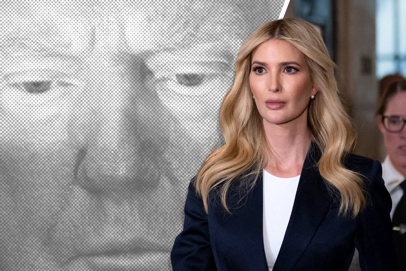 Ivanka Trump outside the courthouse, collaged with a black-and-white photo of Donald Trump.