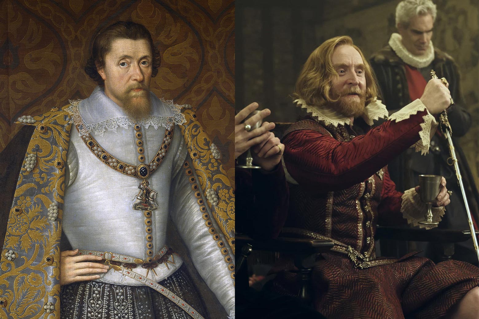 A painting of King James I and Tony Curran as King James I in the show Mary and George. 