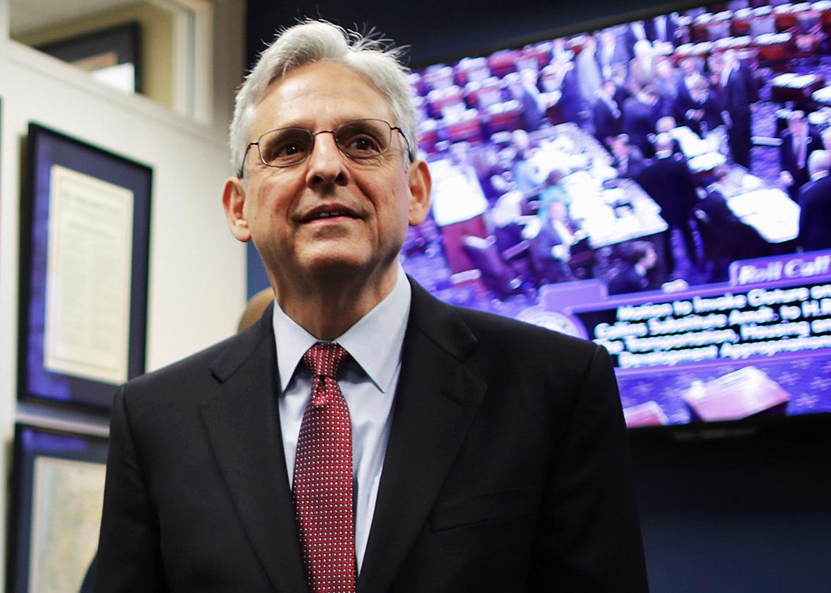 U.S. Supreme Court nominee and chief judge of the United States Court of Appeals for the District of Columbia Circuit Merrick Garland waits for the arrival of Sen. Jeff Merkley in his office in the Hart Senate Office Building on Capitol Hill May 19, 2016 in Washington, DC. 