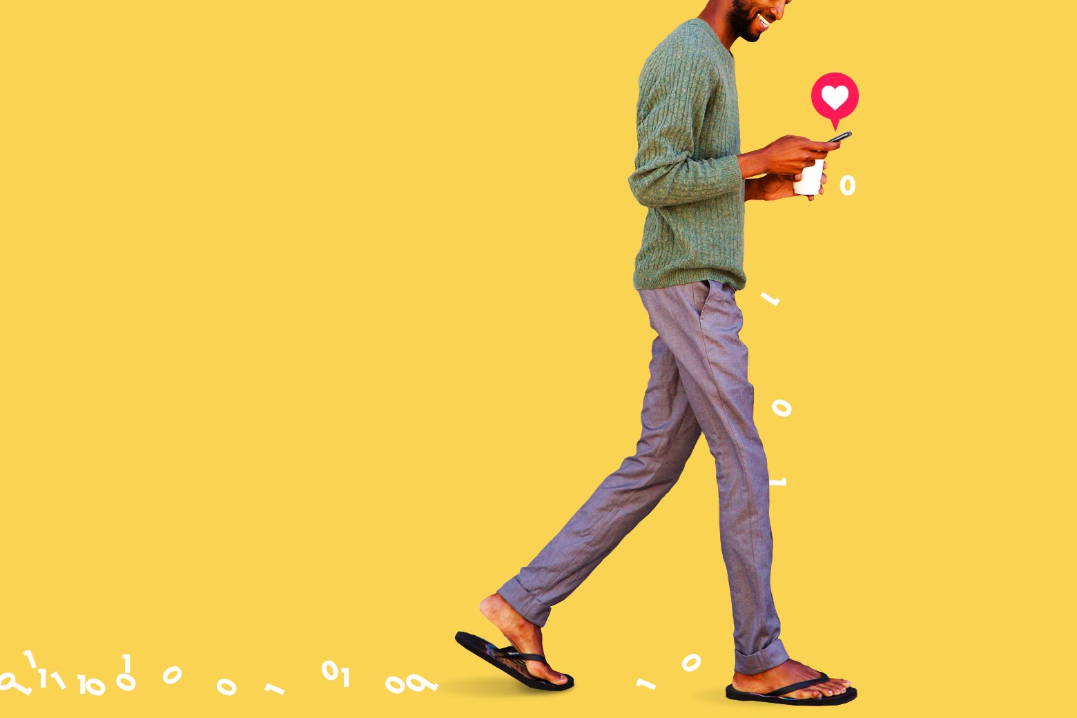A man holding a coffee and his cellphone walks by as binary digits drop out of his phone like breadcrumbs.