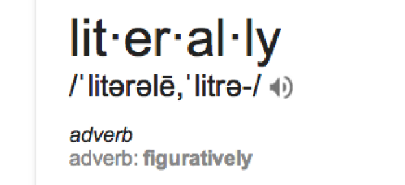 Google's definition of "literally," viewed through lazerwalker's browser extension.